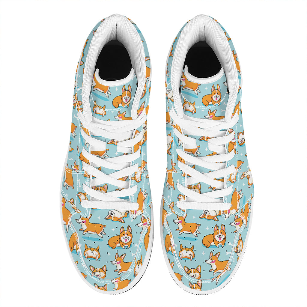 Happy Corgi Pattern Print High Top Leather Sneakers