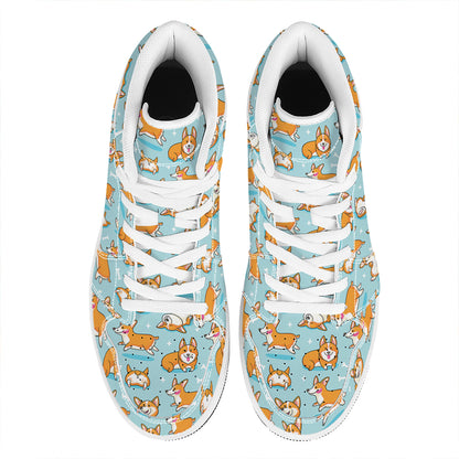 Happy Corgi Pattern Print High Top Leather Sneakers