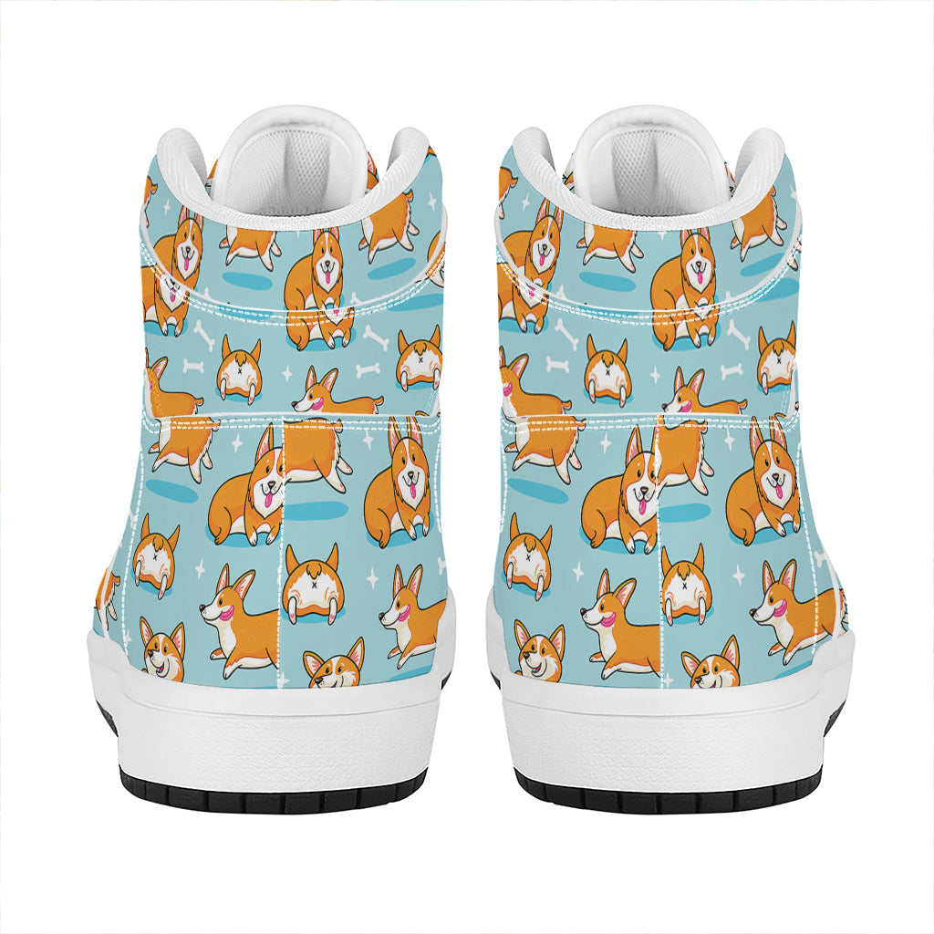 Happy Corgi Pattern Print High Top Leather Sneakers