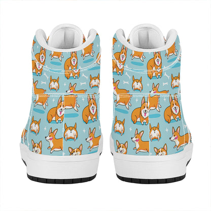 Happy Corgi Pattern Print High Top Leather Sneakers