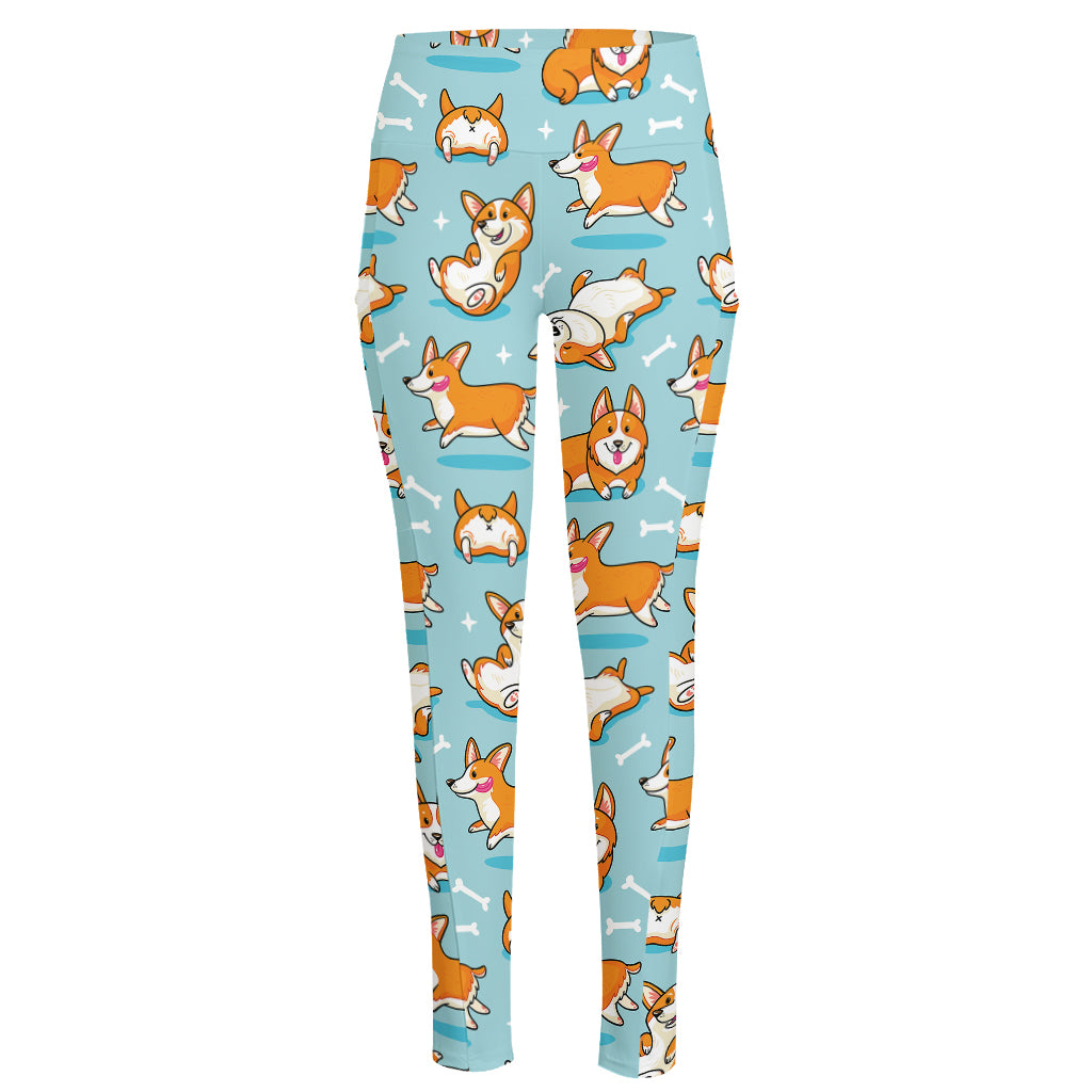 Happy Corgi Pattern Print High-Waisted Pocket Leggings