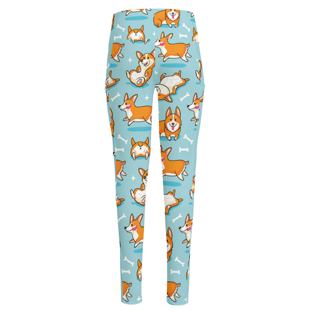 Happy Corgi Pattern Print High-Waisted Pocket Leggings