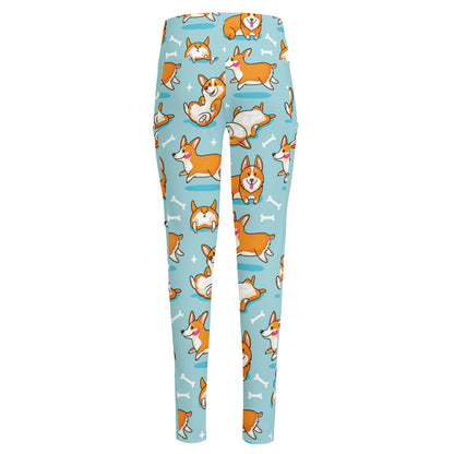 Happy Corgi Pattern Print High-Waisted Pocket Leggings