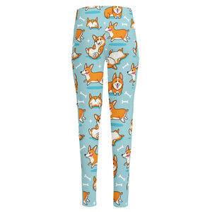 Happy Corgi Pattern Print High-Waisted Pocket Leggings