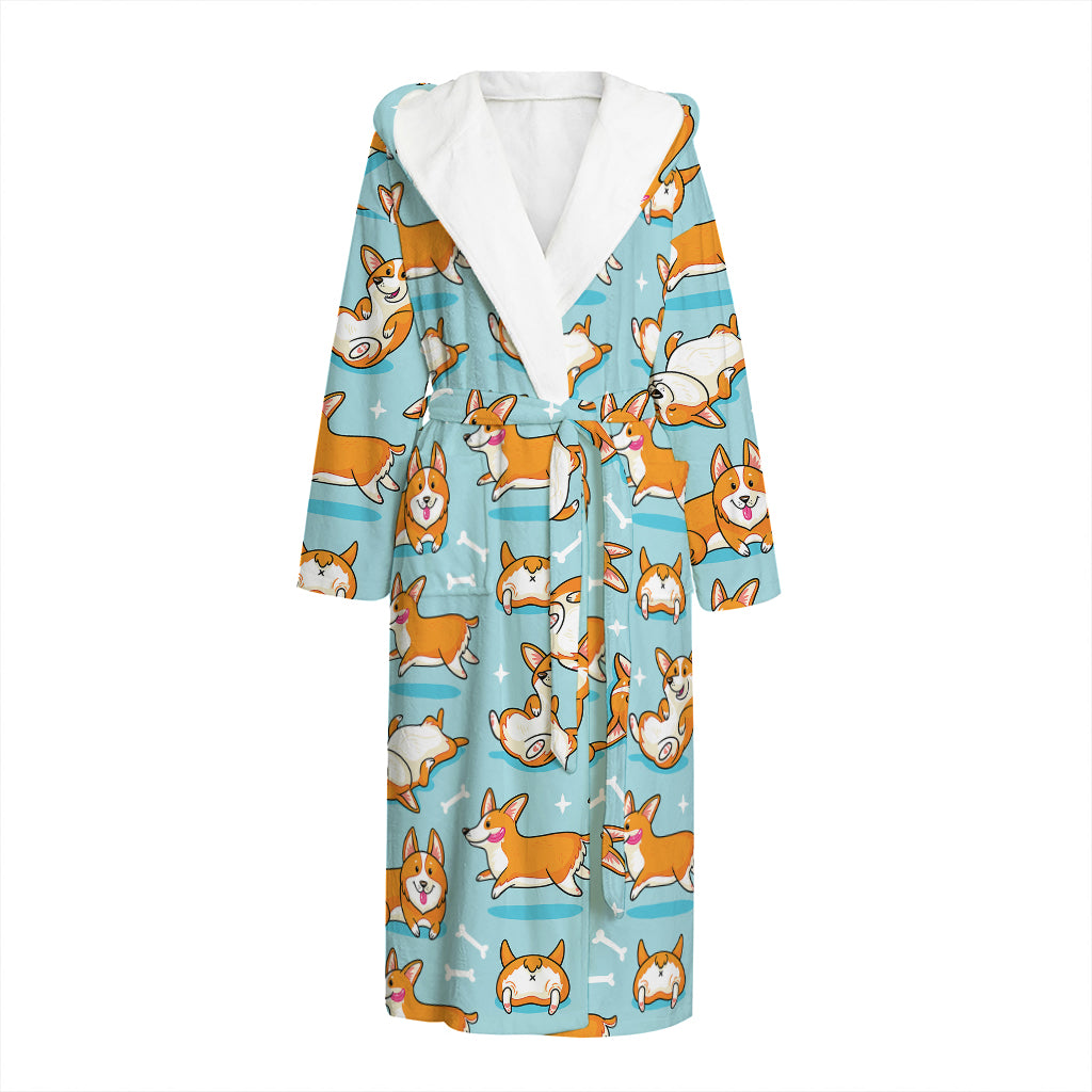 Happy Corgi Pattern Print Hooded Bathrobe