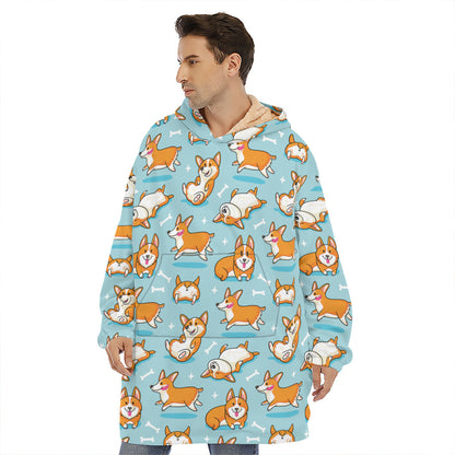 Happy Corgi Pattern Print Hoodie Blanket