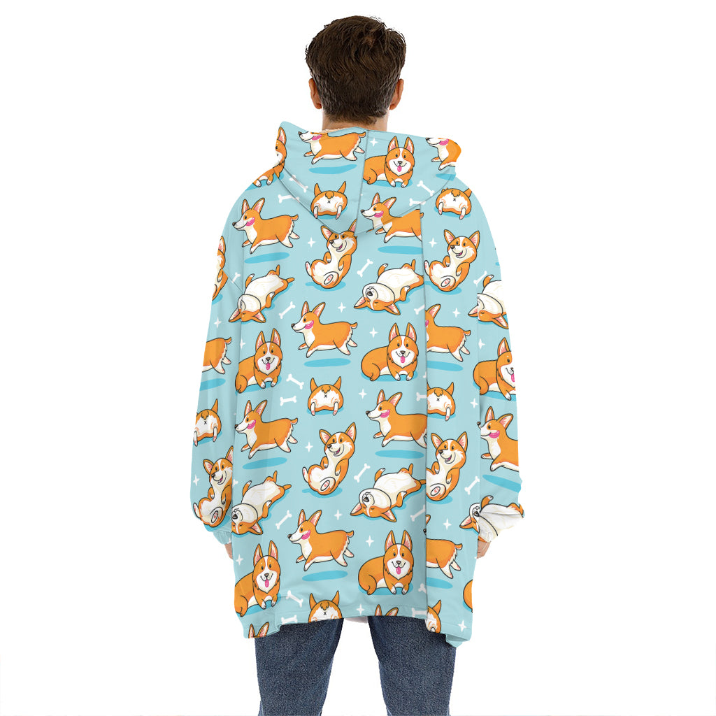Happy Corgi Pattern Print Hoodie Blanket