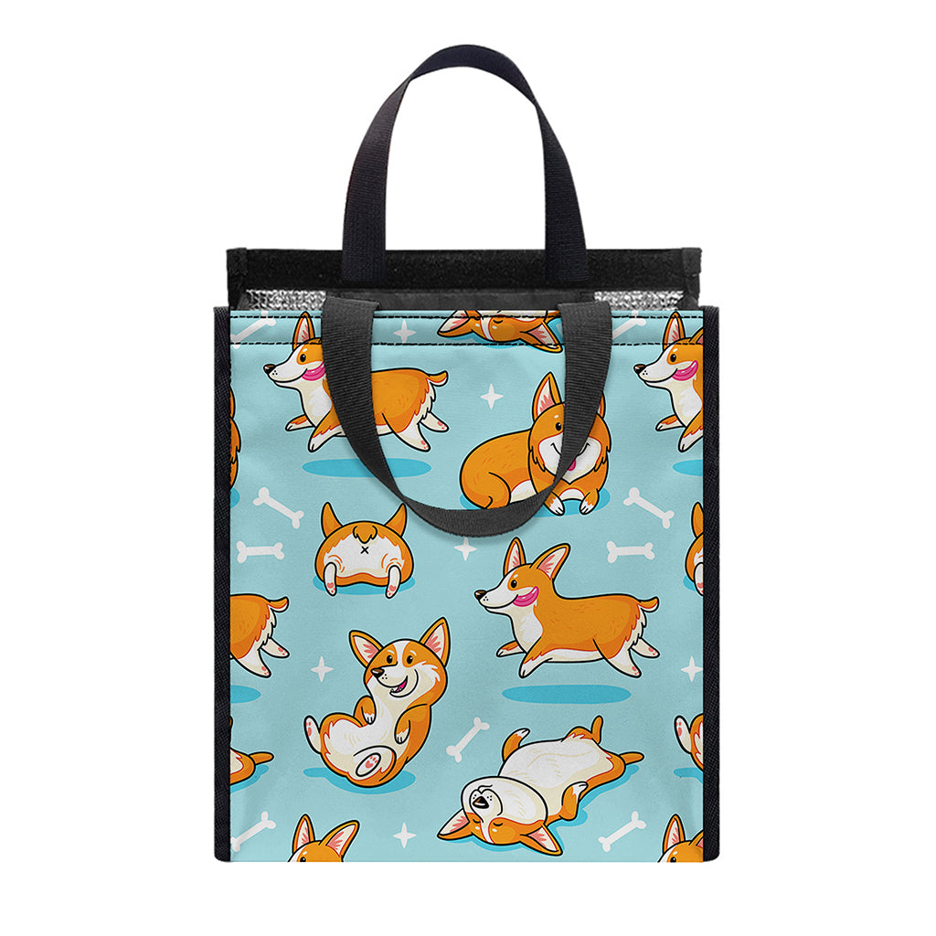 Happy Corgi Pattern Print Insulated Lunch Tote
