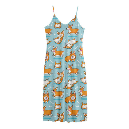 Happy Corgi Pattern Print Jersey Midi Cami Dress