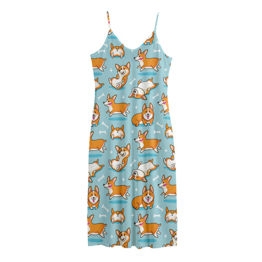Happy Corgi Pattern Print Jersey Midi Cami Dress