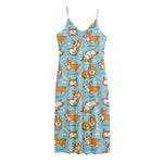 Happy Corgi Pattern Print Jersey Midi Cami Dress