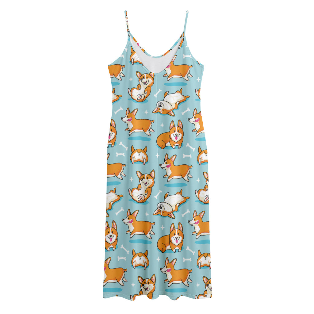 Happy Corgi Pattern Print Jersey Midi Cami Dress