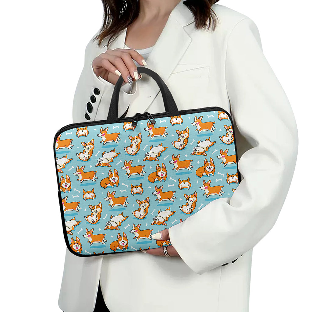 Happy Corgi Pattern Print Laptop Sleeve With Handle