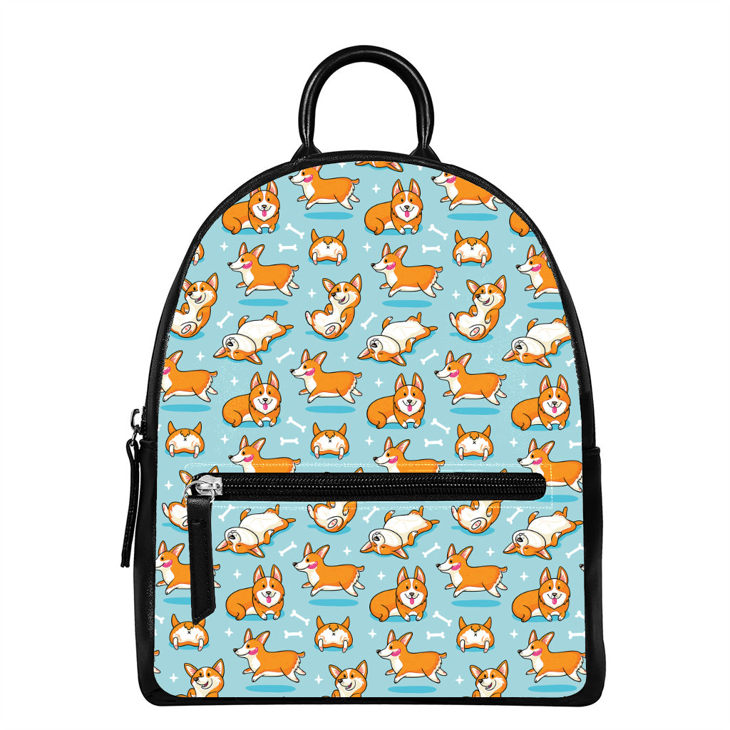 Happy Corgi Pattern Print Leather Backpack