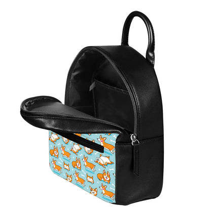 Happy Corgi Pattern Print Leather Backpack