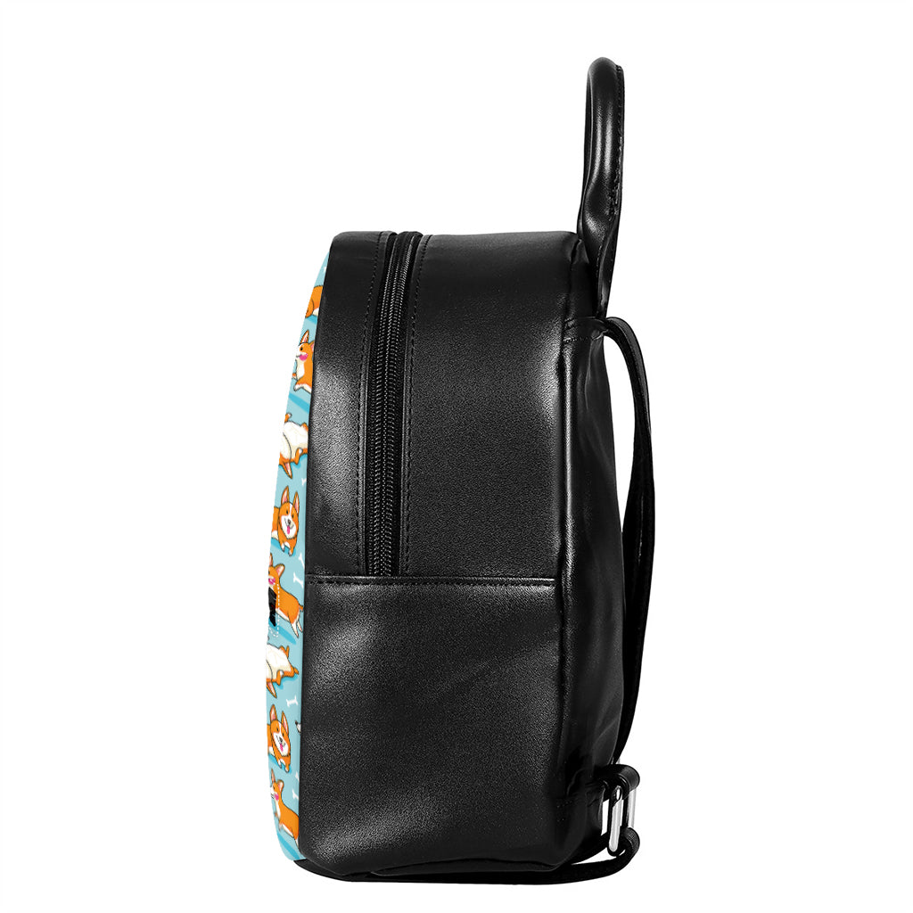 Happy Corgi Pattern Print Leather Backpack