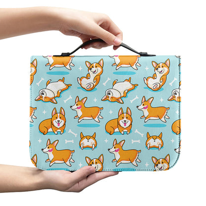 Happy Corgi Pattern Print Leather Bible Cover