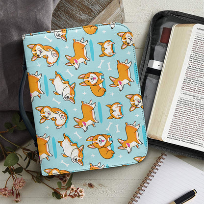 Happy Corgi Pattern Print Leather Bible Cover
