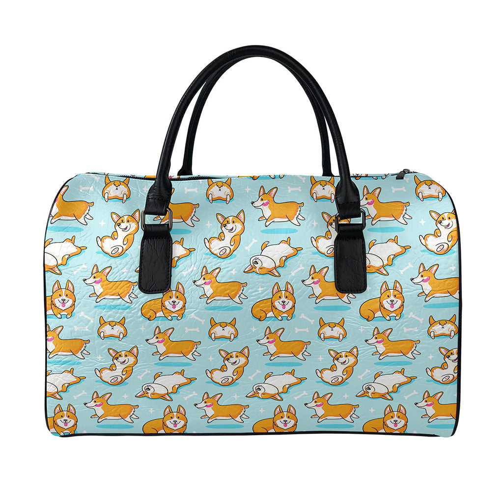 Happy Corgi Pattern Print Leather Duffle Bag