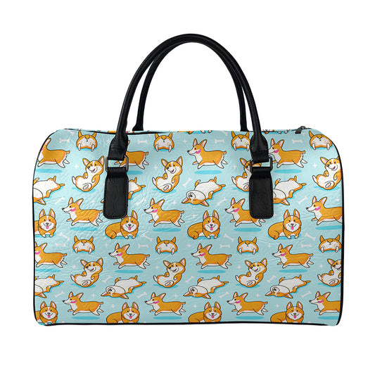 Happy Corgi Pattern Print Leather Duffle Bag