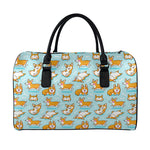 Happy Corgi Pattern Print Leather Duffle Bag