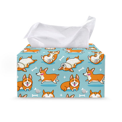 Happy Corgi Pattern Print Leather Tissue Box Cover