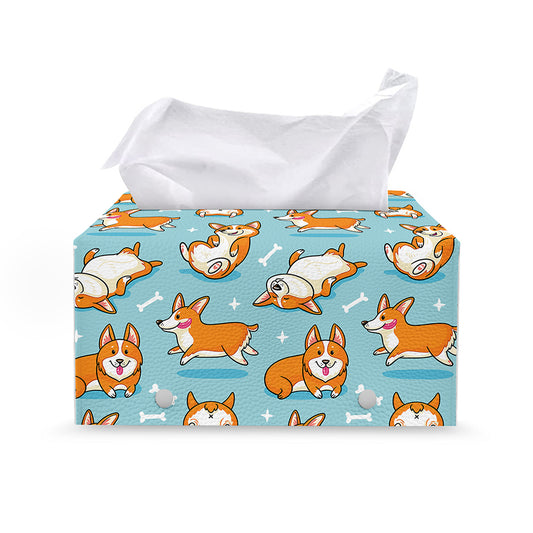 Happy Corgi Pattern Print Leather Tissue Box Cover