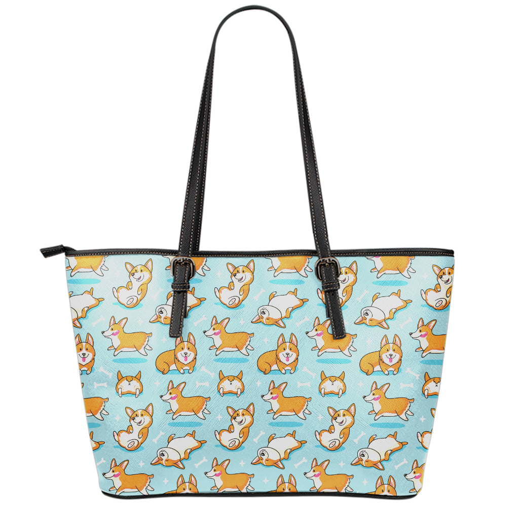 Happy Corgi Pattern Print Leather Tote Bag