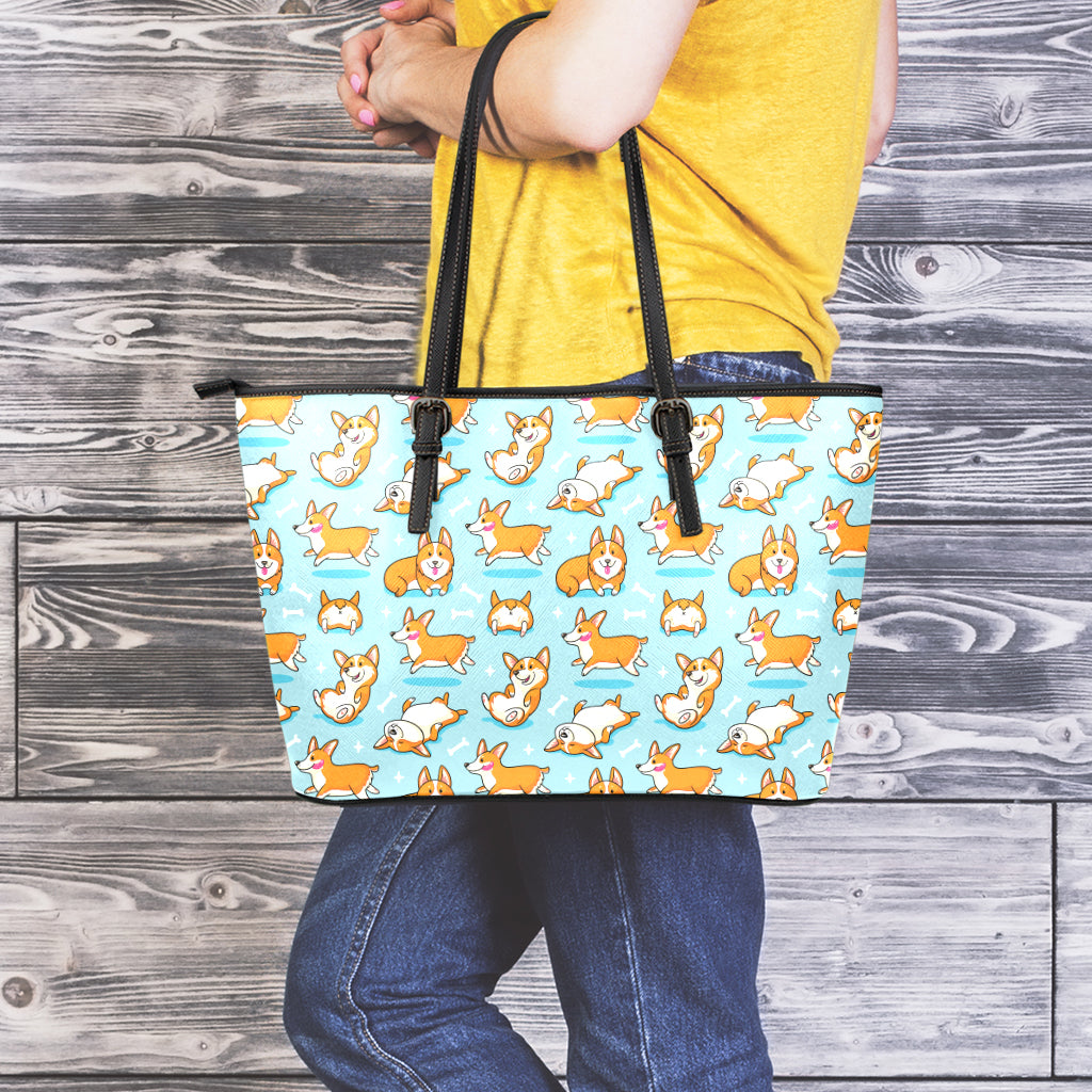 Happy Corgi Pattern Print Leather Tote Bag