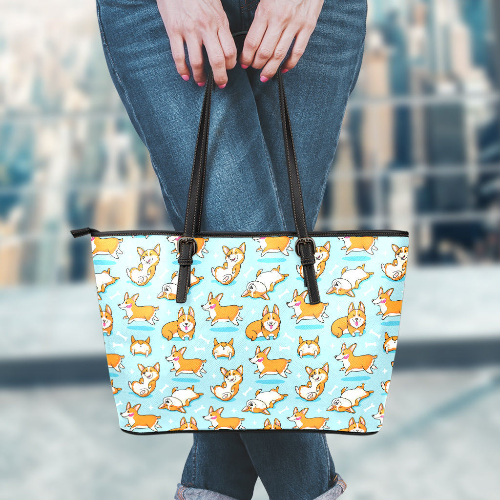 Happy Corgi Pattern Print Leather Tote Bag