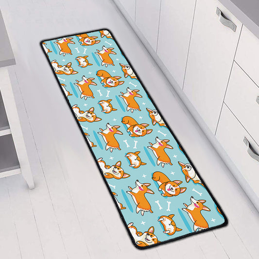 Happy Corgi Pattern Print Long Kitchen Mat