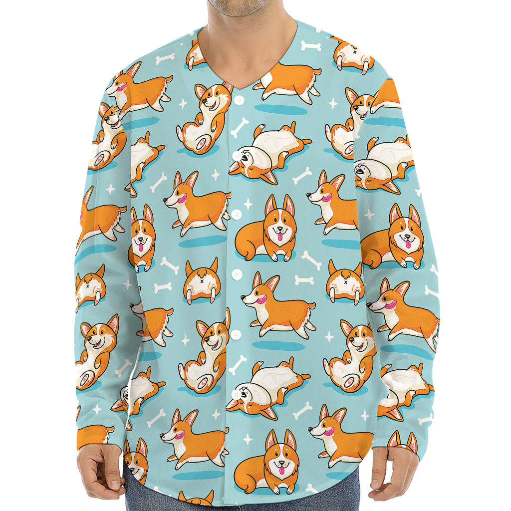 Happy Corgi Pattern Print Long Sleeve Baseball Jersey