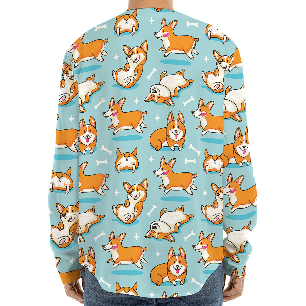 Happy Corgi Pattern Print Long Sleeve Baseball Jersey