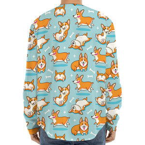 Happy Corgi Pattern Print Long Sleeve Baseball Jersey