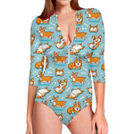 Happy Corgi Pattern Print Long Sleeve Swimsuit