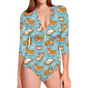 Happy Corgi Pattern Print Long Sleeve Swimsuit