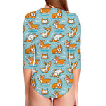 Happy Corgi Pattern Print Long Sleeve Swimsuit