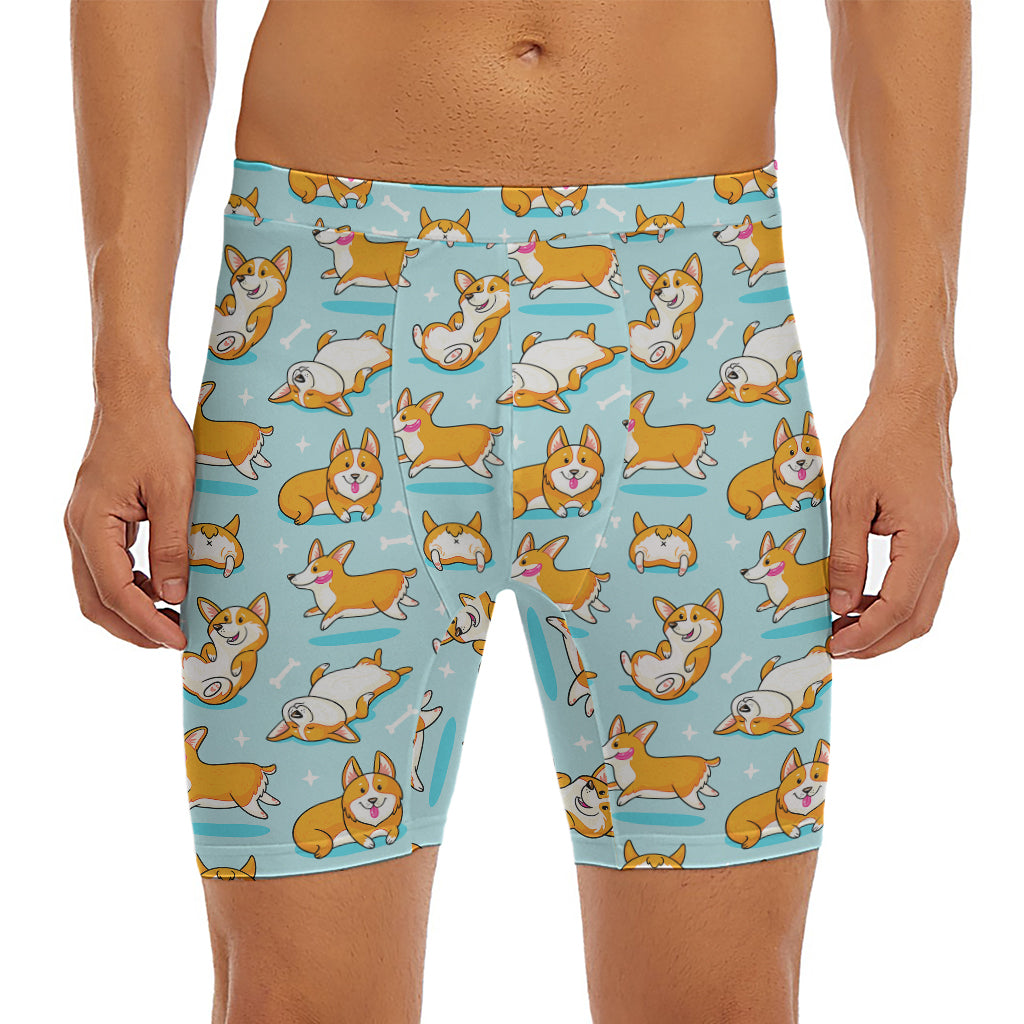 Happy Corgi Pattern Print Men's Long Boxer Briefs