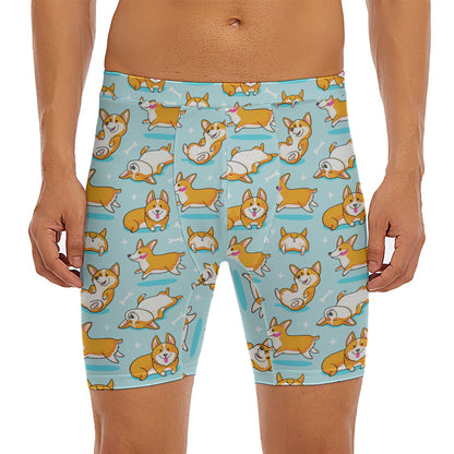 Happy Corgi Pattern Print Men's Long Boxer Briefs