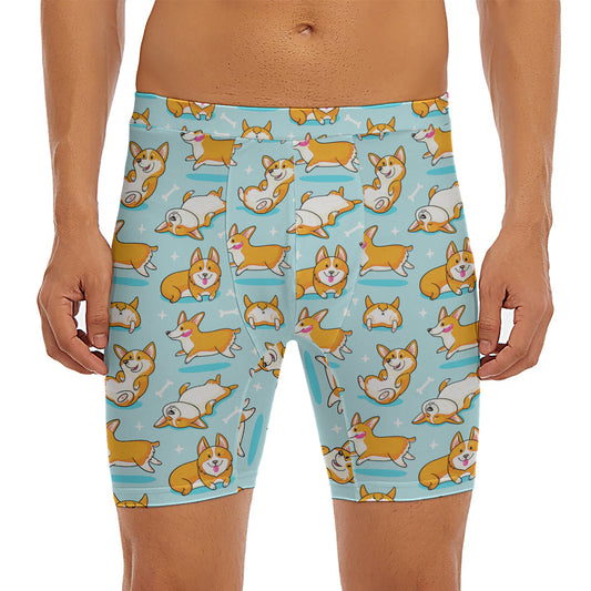 Happy Corgi Pattern Print Men's Long Boxer Briefs