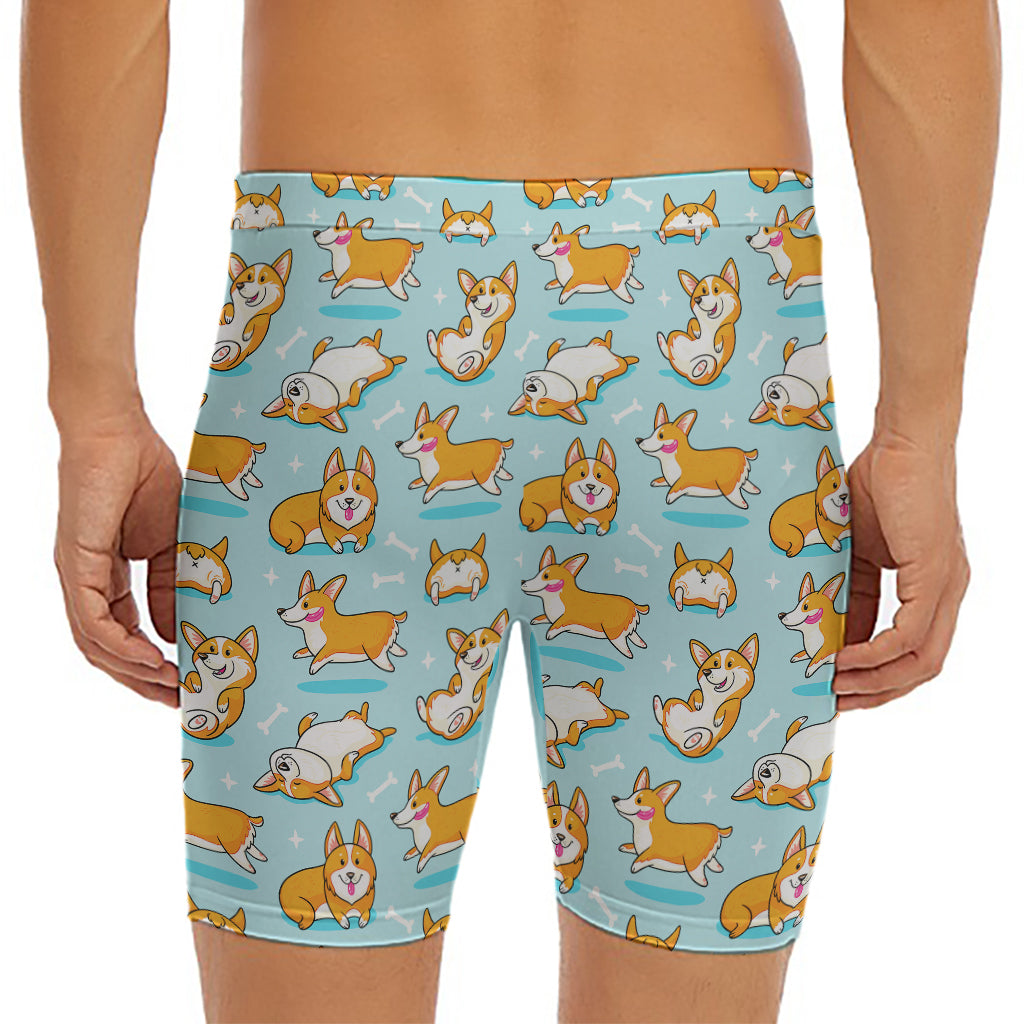 Happy Corgi Pattern Print Men's Long Boxer Briefs