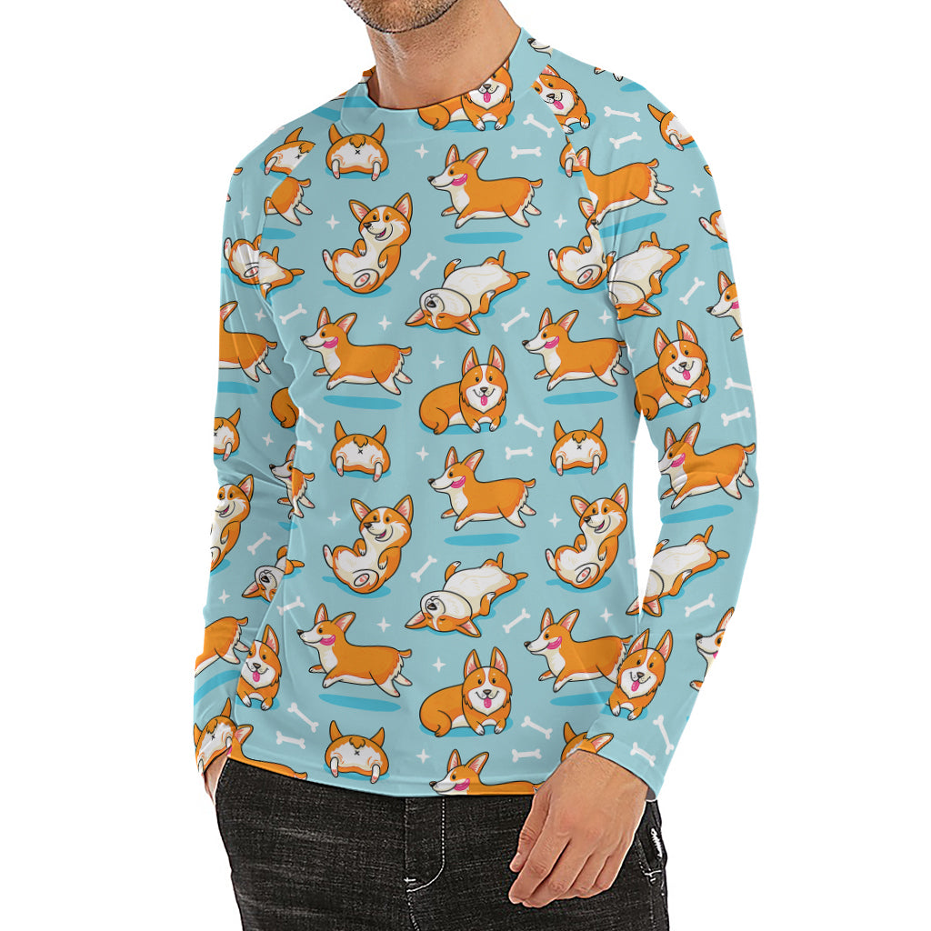 Happy Corgi Pattern Print Men's Long Sleeve Rash Guard