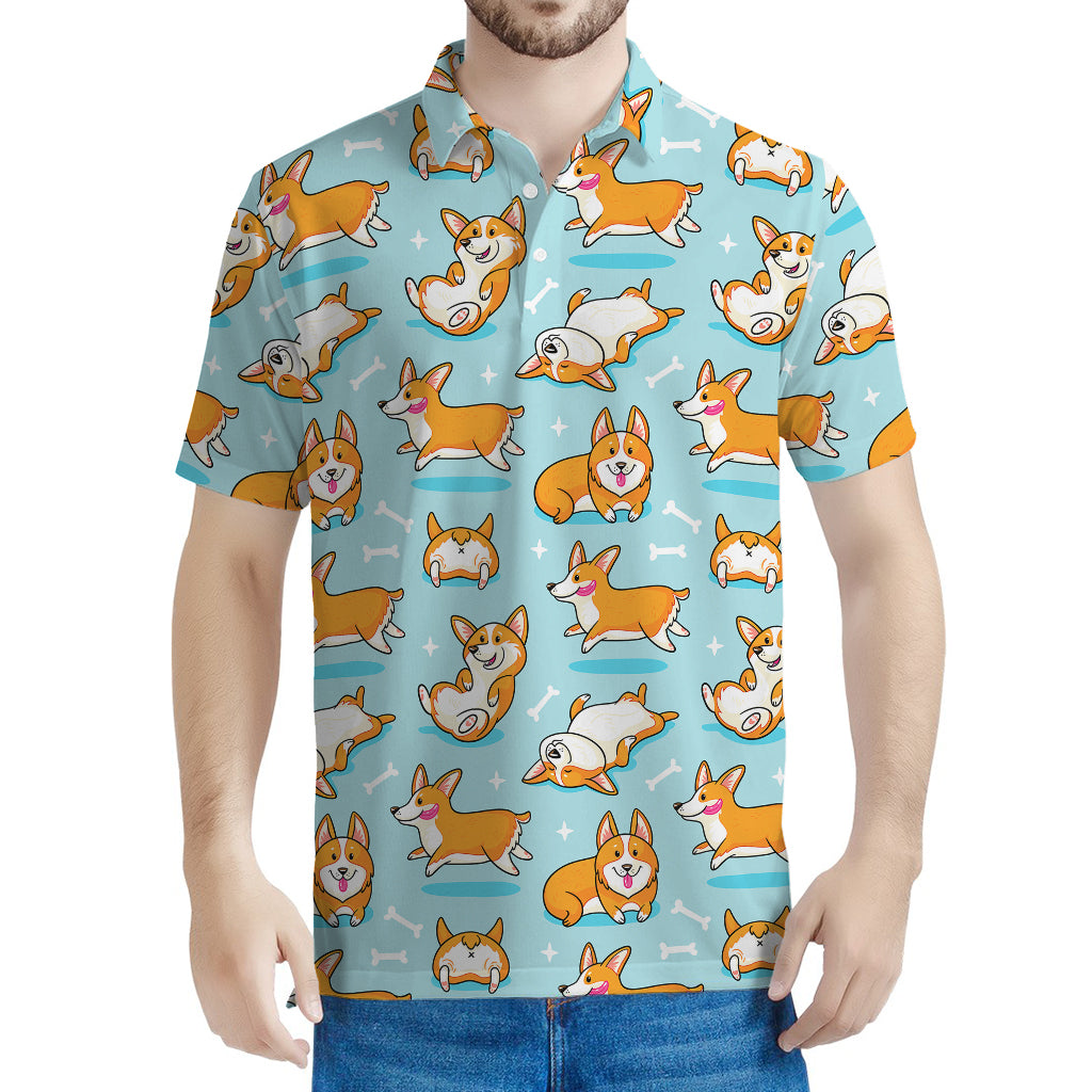 Happy Corgi Pattern Print Men's Polo Shirt