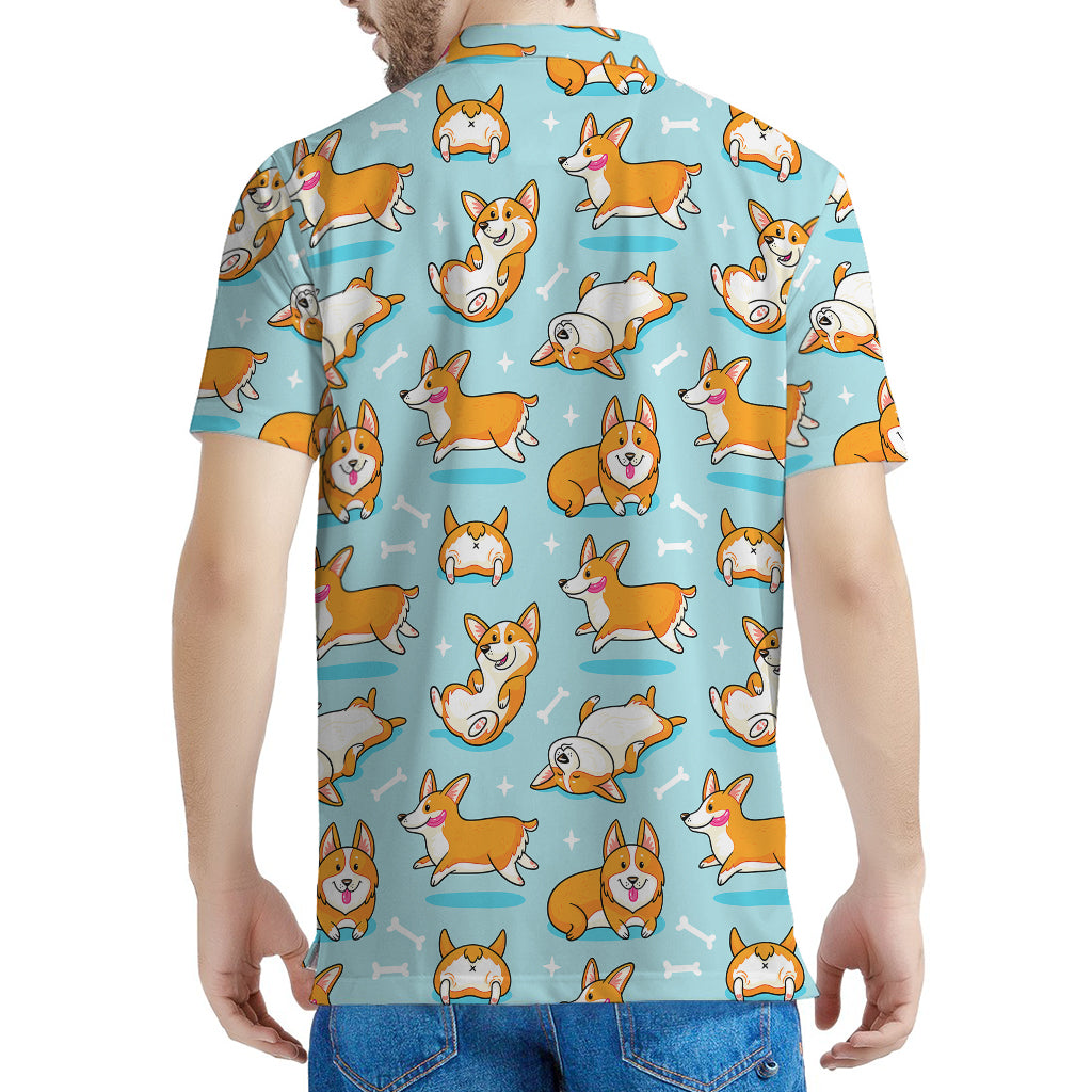 Happy Corgi Pattern Print Men's Polo Shirt
