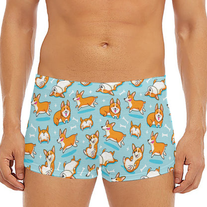 Happy Corgi Pattern Print Men's Short Boxer Briefs