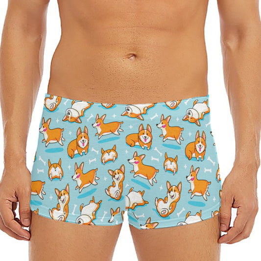Happy Corgi Pattern Print Men's Short Boxer Briefs
