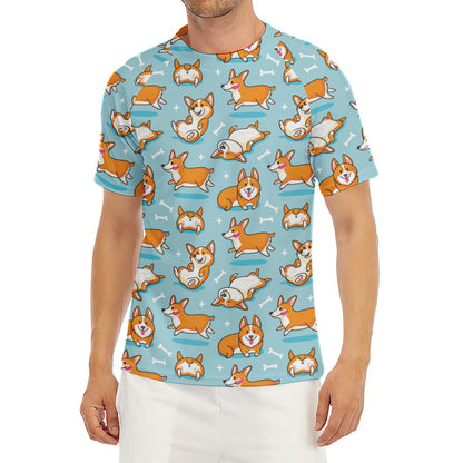 Happy Corgi Pattern Print Men's Short Sleeve Rash Guard