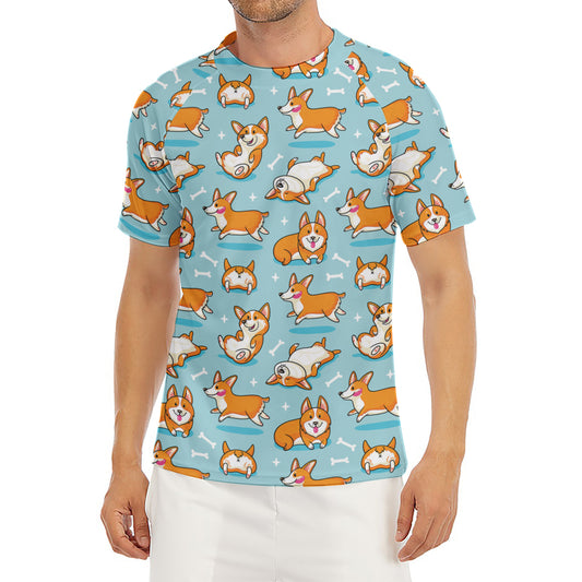 Happy Corgi Pattern Print Men's Short Sleeve Rash Guard
