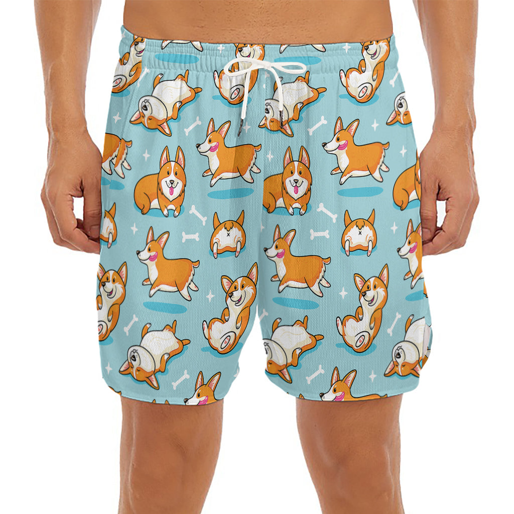 Happy Corgi Pattern Print Men's Split Running Shorts