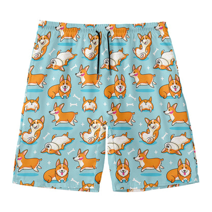 Happy Corgi Pattern Print Men's Swim Trunks